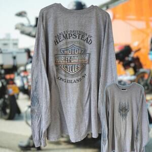 2005 Y2K Vintage Harley-Davidson Hempstead Long Sleeve Blue Flame Fader Tee 2XL